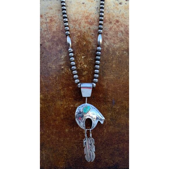 Navajo SS Beaded Necklace with Bear and Feather Pendant by JC Delgarito - Picture 3 of 11